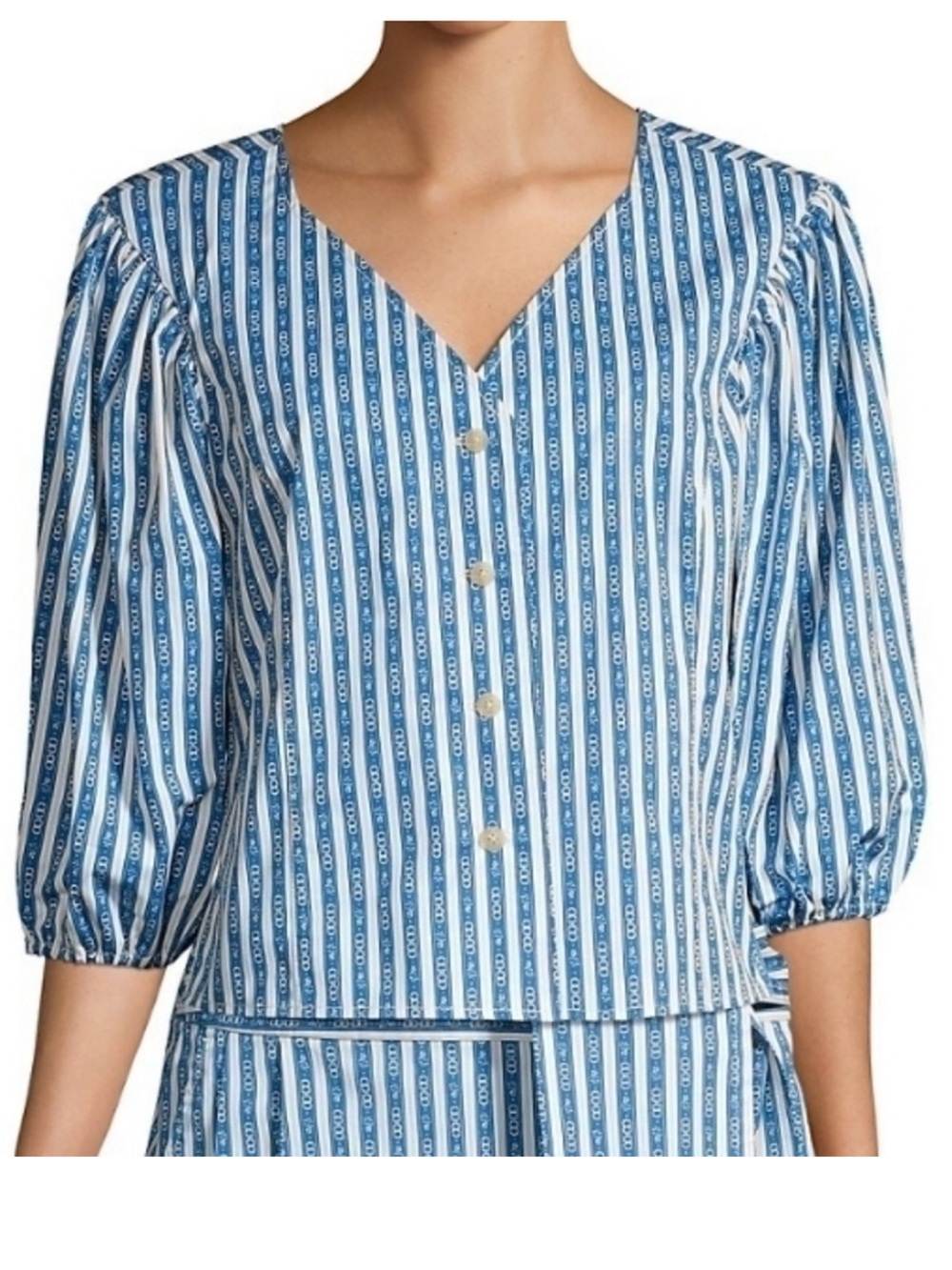 Tory Burch Blue & White Gemini Link Puffed Striped V-Neck Button Blouse Sz 14